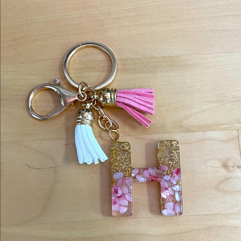 Stocking stuffer Gold and Pink Tassel Keychain Alphabet name H resin key ring